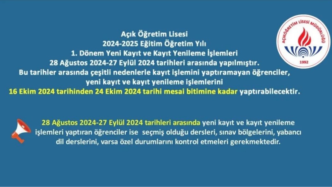 Açık Öğretim Lisesi kayıtları 24 Ekim 2024 tarihine kadar uzatıldı.